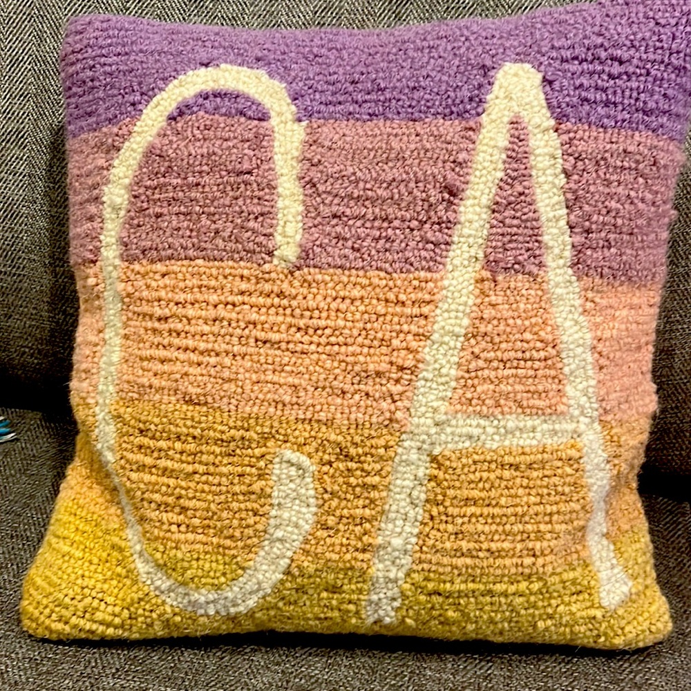 Cross stitch CA pillow, pink, purple, like new condition